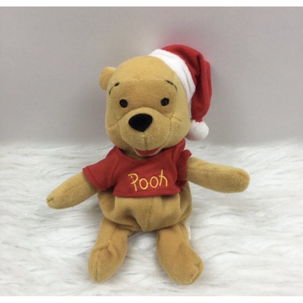 Vintage Disney Santa Winnie the Pooh 8" Bean Bag Plush Christmas Holiday